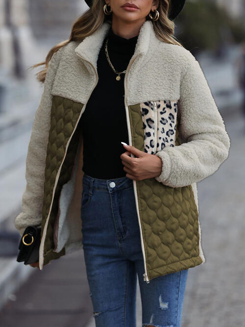 Women's Leopard Color Block Zip-Up Jacket