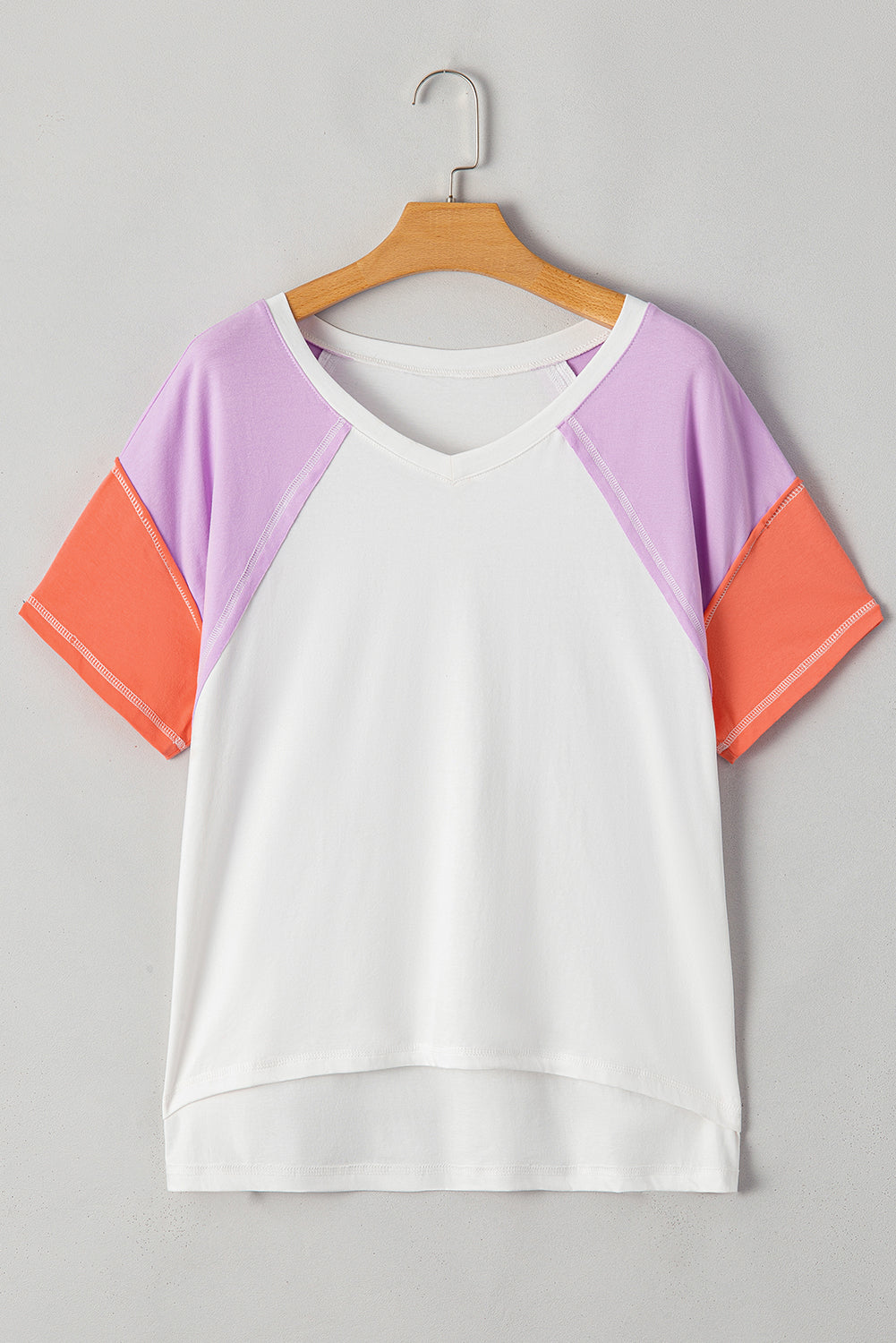 Beige Colorblock Patchwork V-Neck High-Low T-Shirt