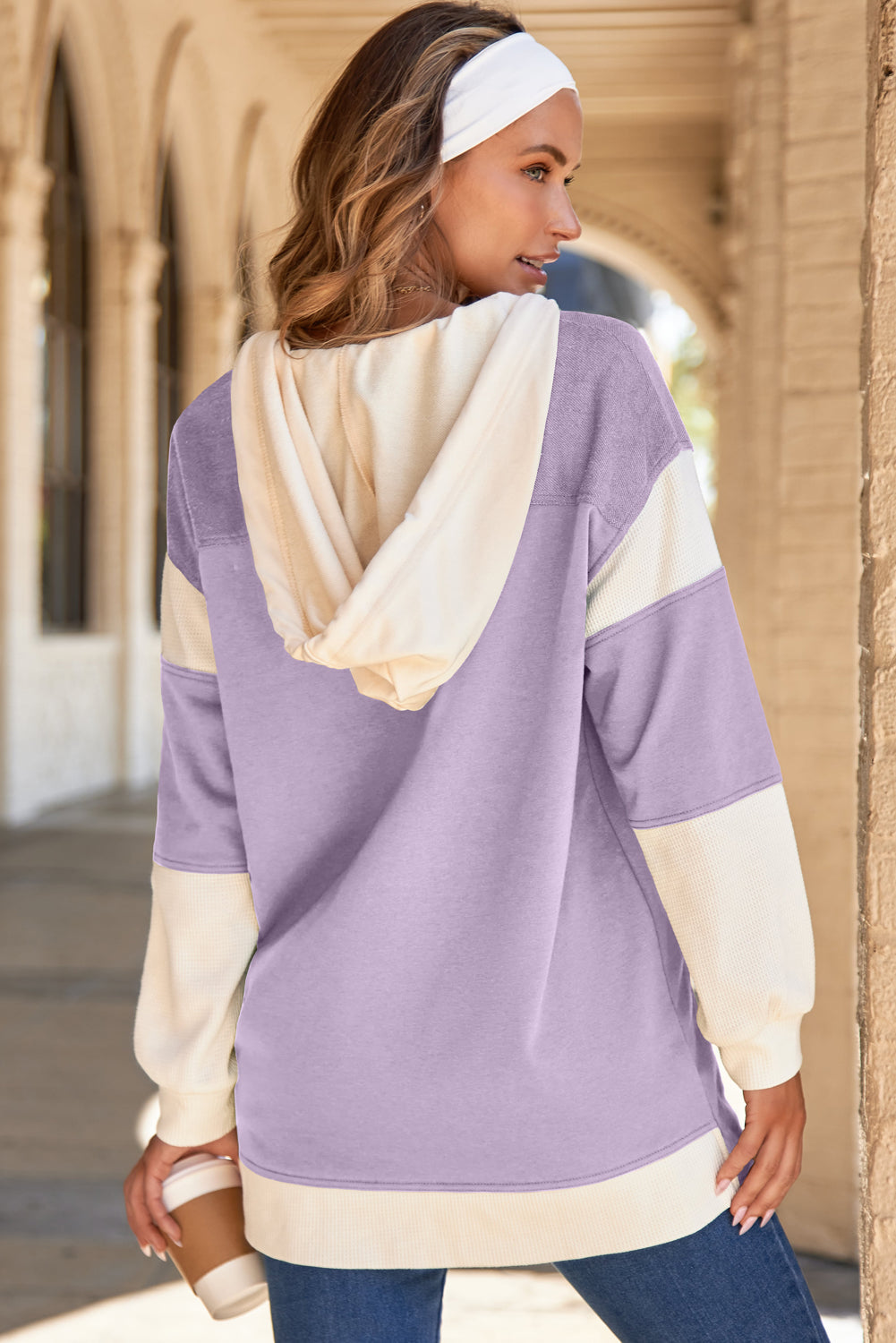 Waffle Knit Colorblock Patchwork Buttoned Hoodie