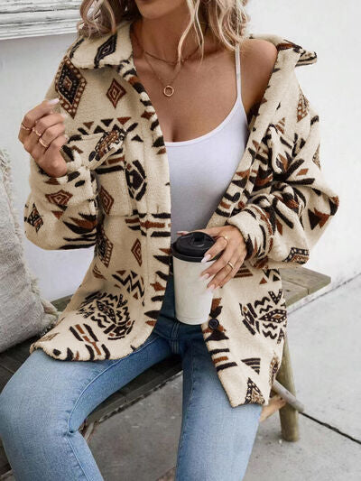 Girls Modern Geometric Button Up Dropped Shoulder Retro Jacket