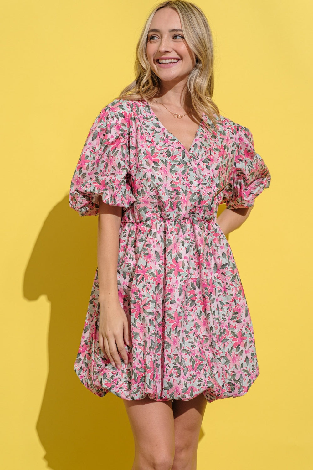 Floral Surplice Puff Sleeve Midi Dress