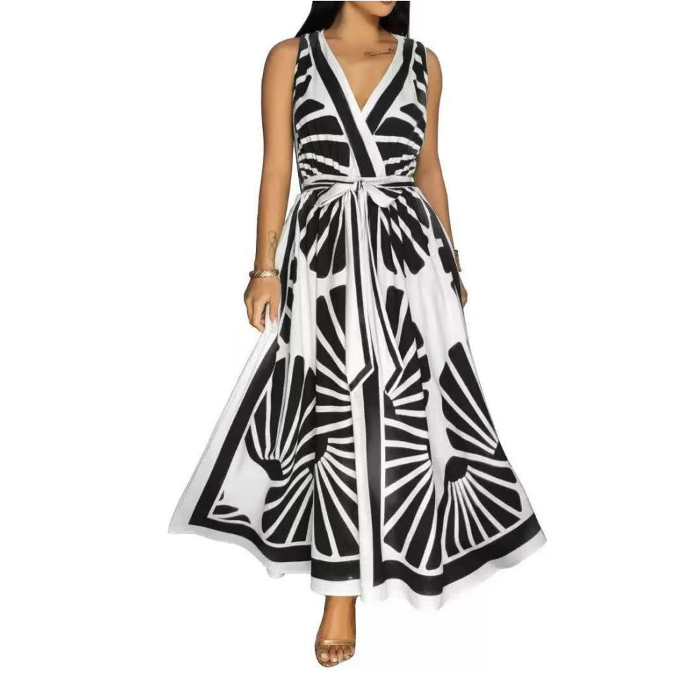 Women’s V-Neck Backless Tropical Print Large Swing Dress
