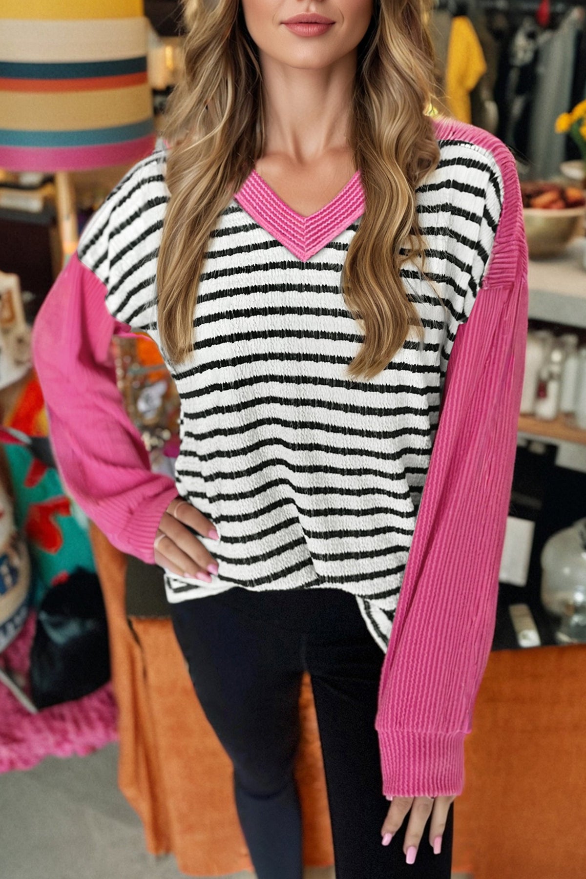 Stripe V-Neck Corded Knit Long Sleeve Top