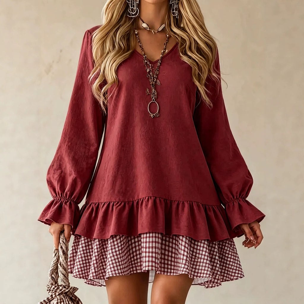 Women's V-Neck Ruffle Sleeve Plaid Patchwork Mini Dress