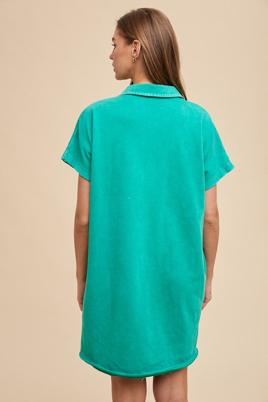 Turquoise Mineral Wash Short Sleeve Casual Dress