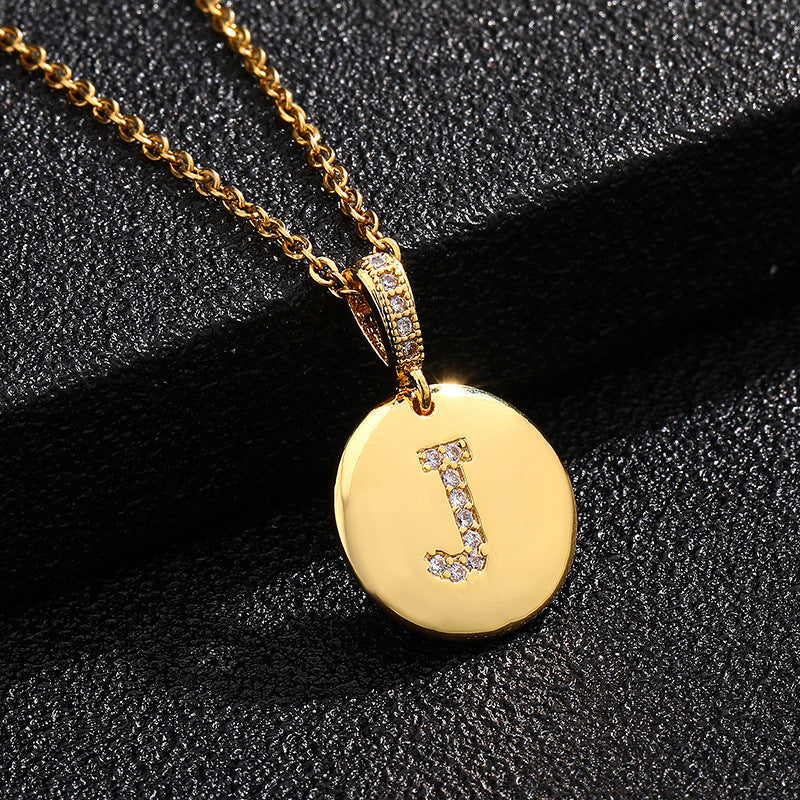 Gold Plated Zircon Initial Disc Necklace Personalized Pendant