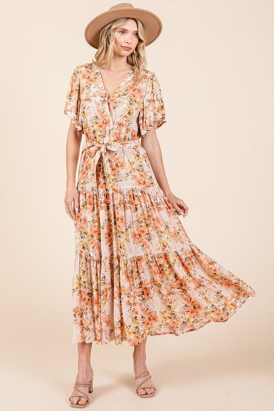 Floral Tie Waist Flutter Sleeve Tiered Dress