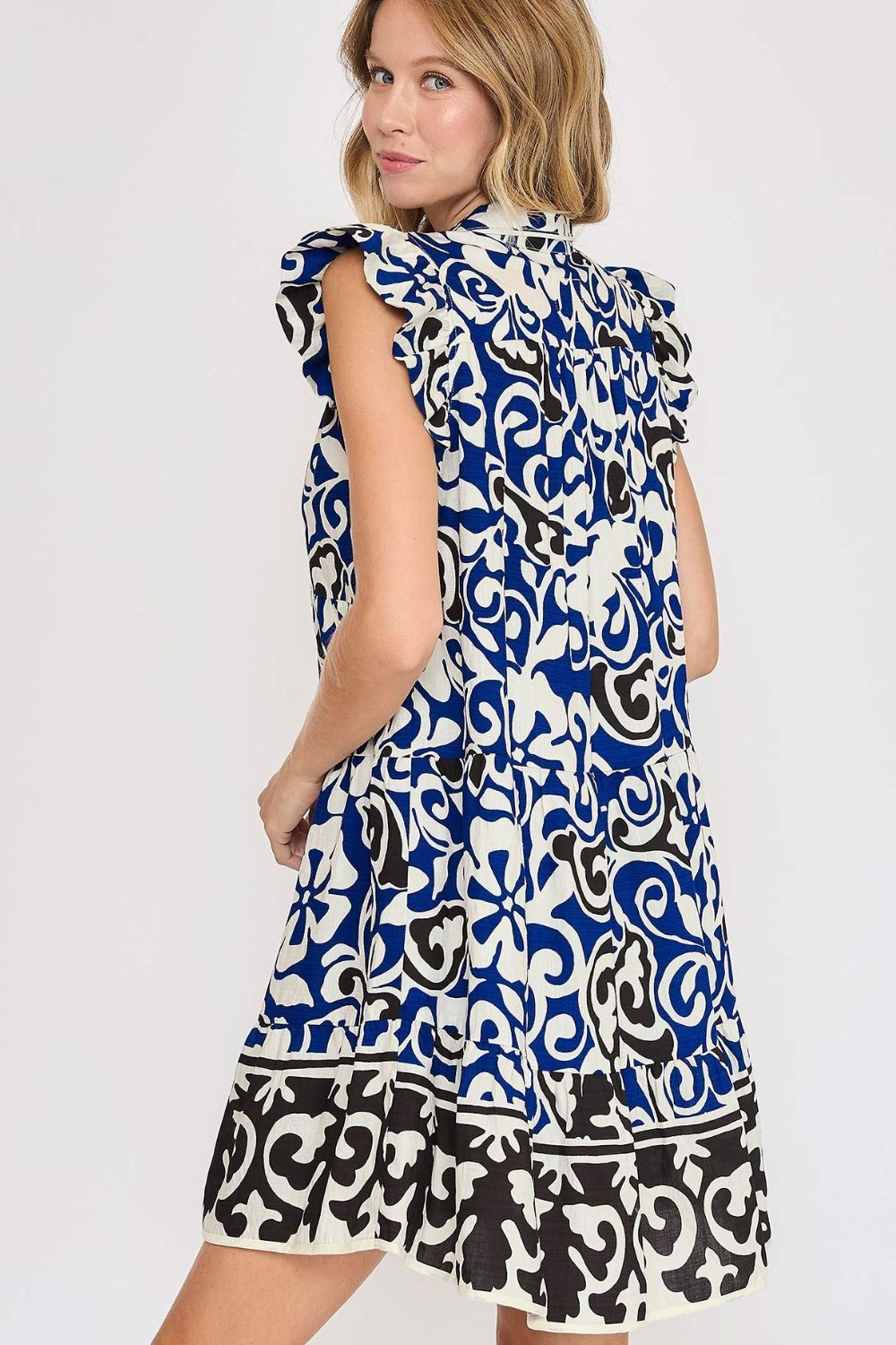 Floral Ruffled Cap Sleeve Tiered Cotton Mini Dress