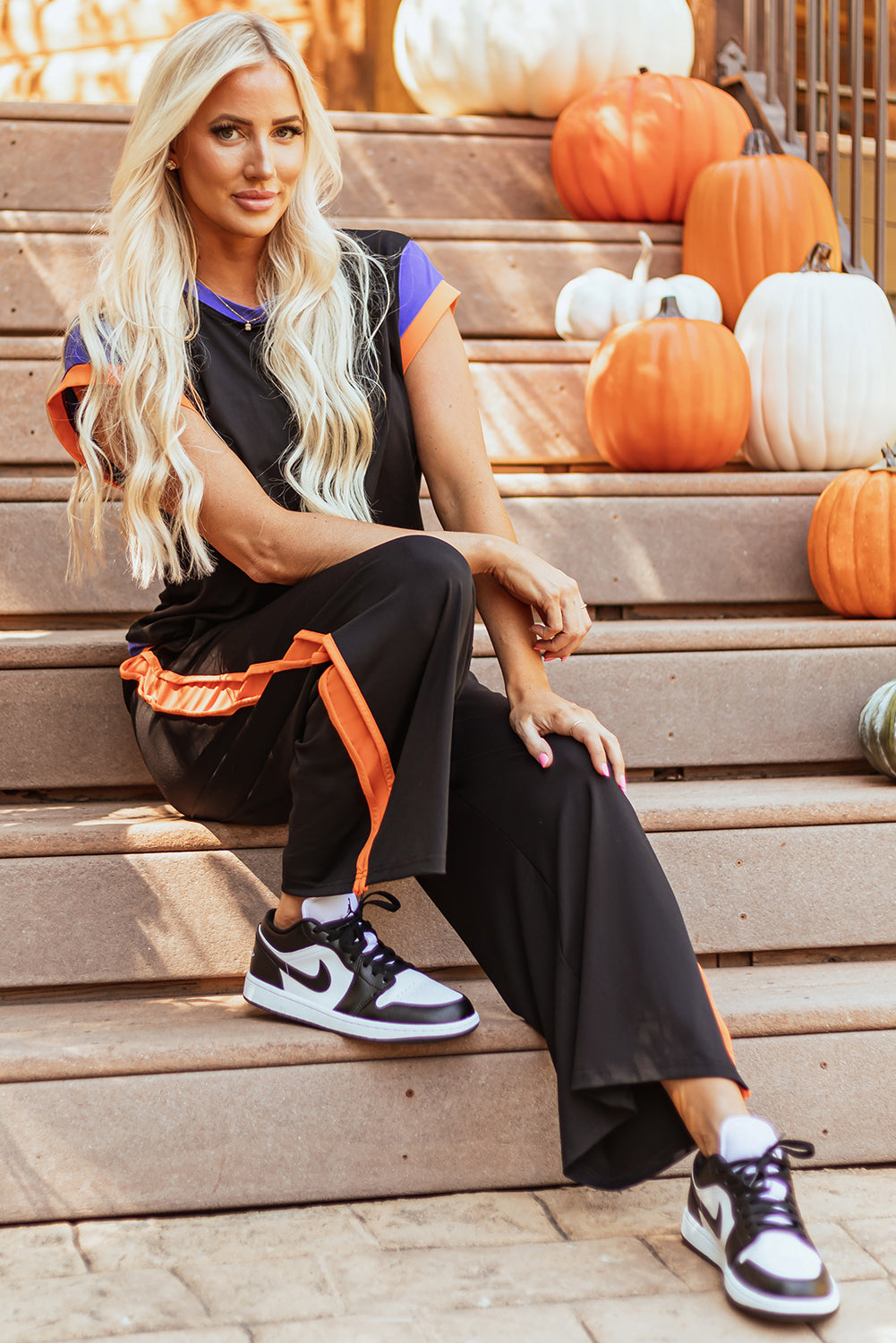 Colorblock Two Piece Set: Wide Leg Pants and Cap Sleeve Tee