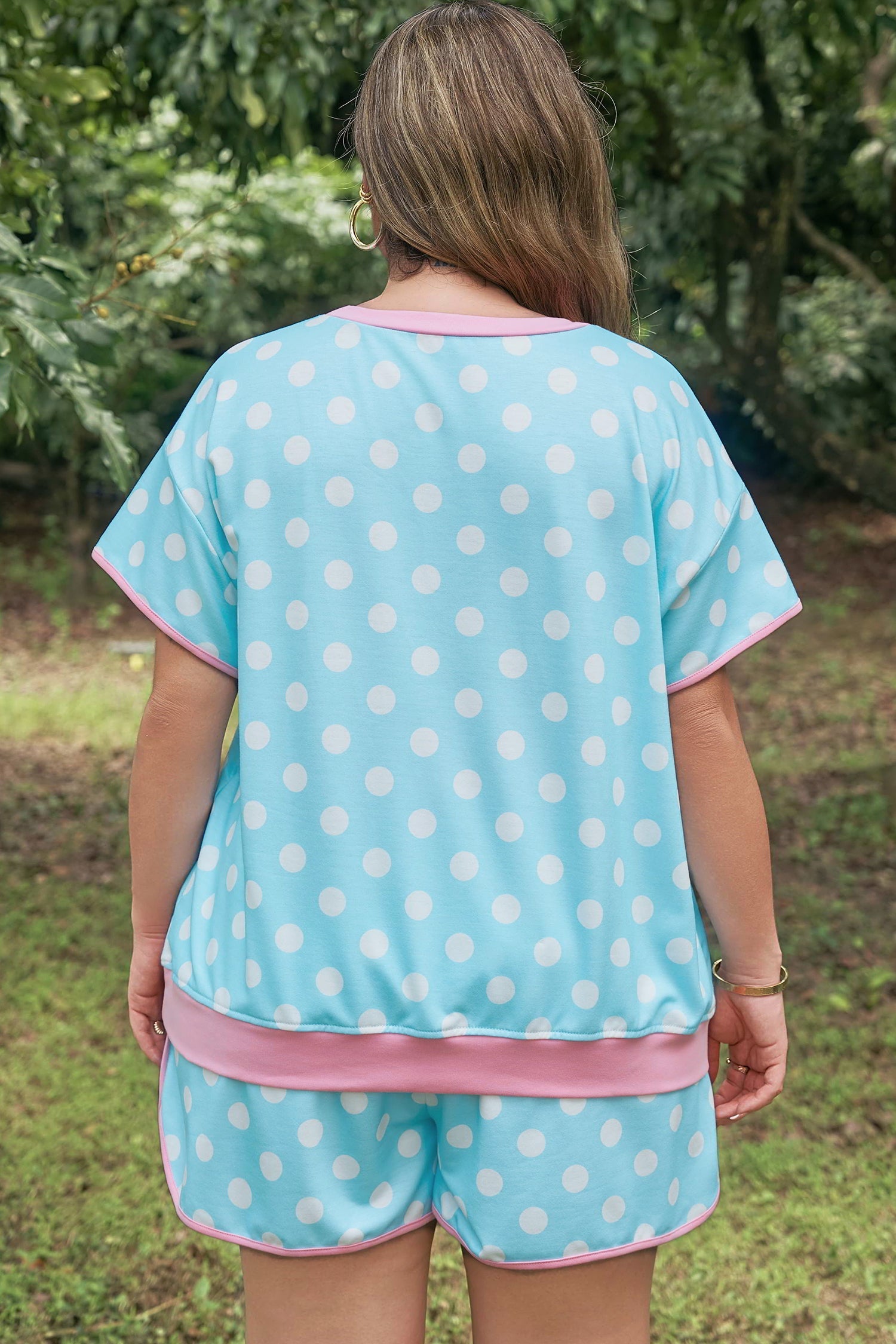 Polka Dot Short Sleeve Lounge Set with Pink Trim in Light Blue