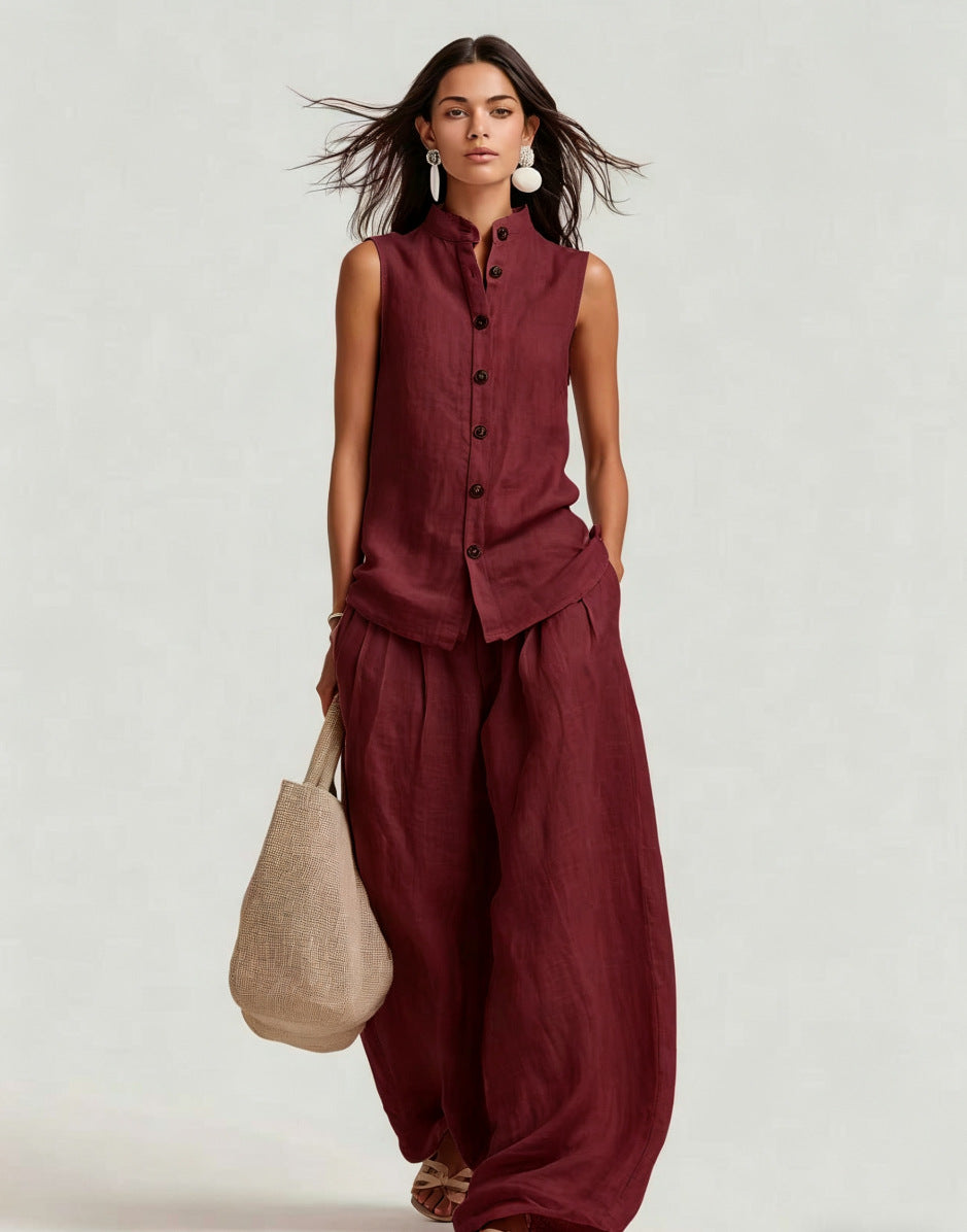 Sleeveless Stand Collar Top and Wide-Leg Pants Set - Image 6