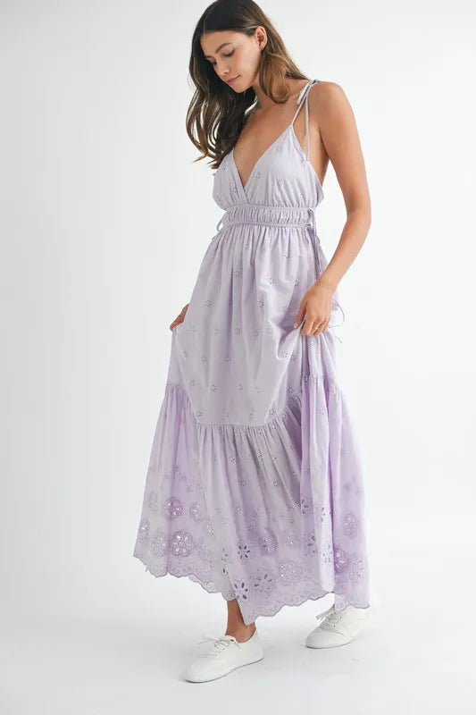Light-Purple Eyelet Lace Maxi Dress with Modern Side Strap Detail