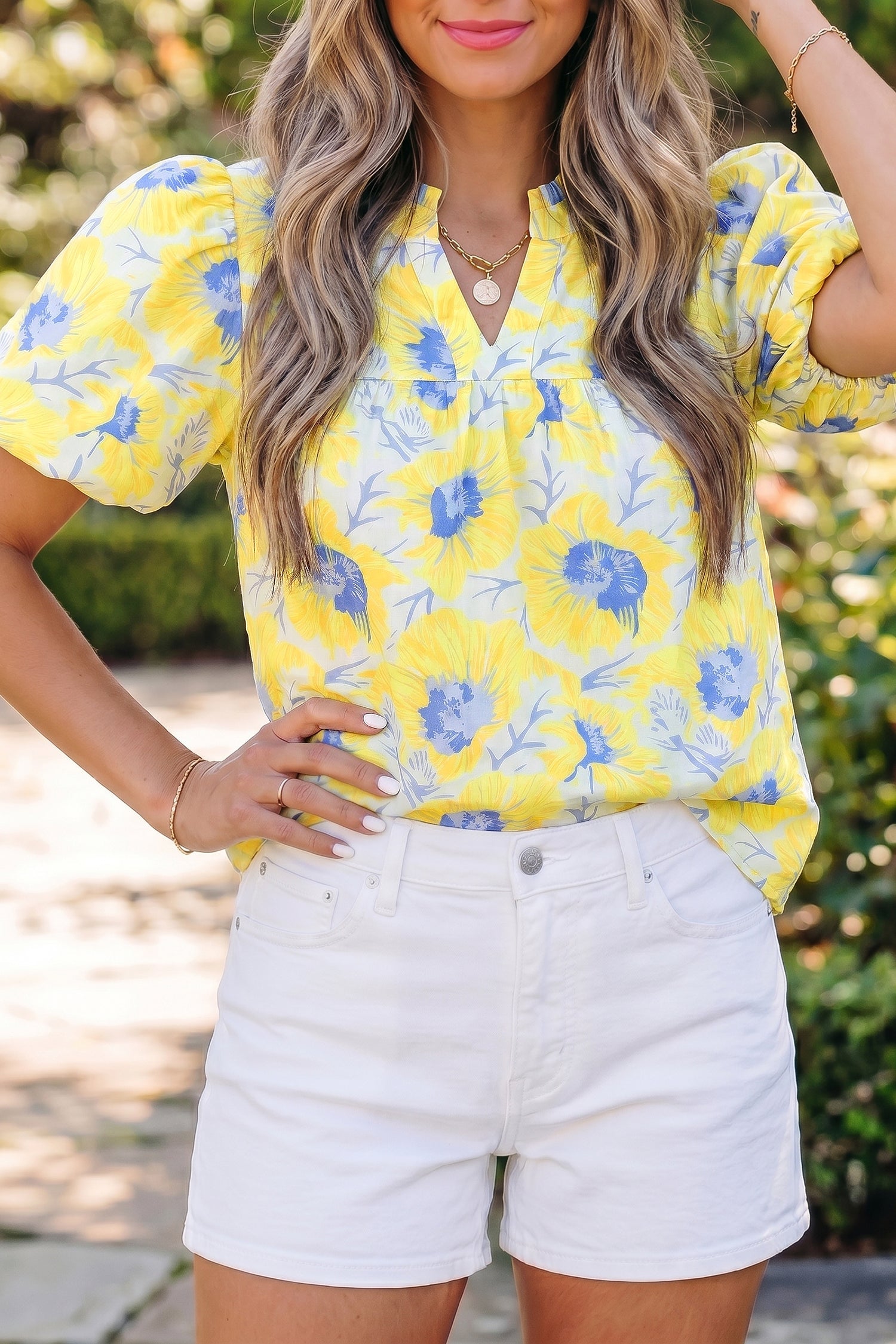 Yellow Floral Short Bubble Sleeve Summer Blouse