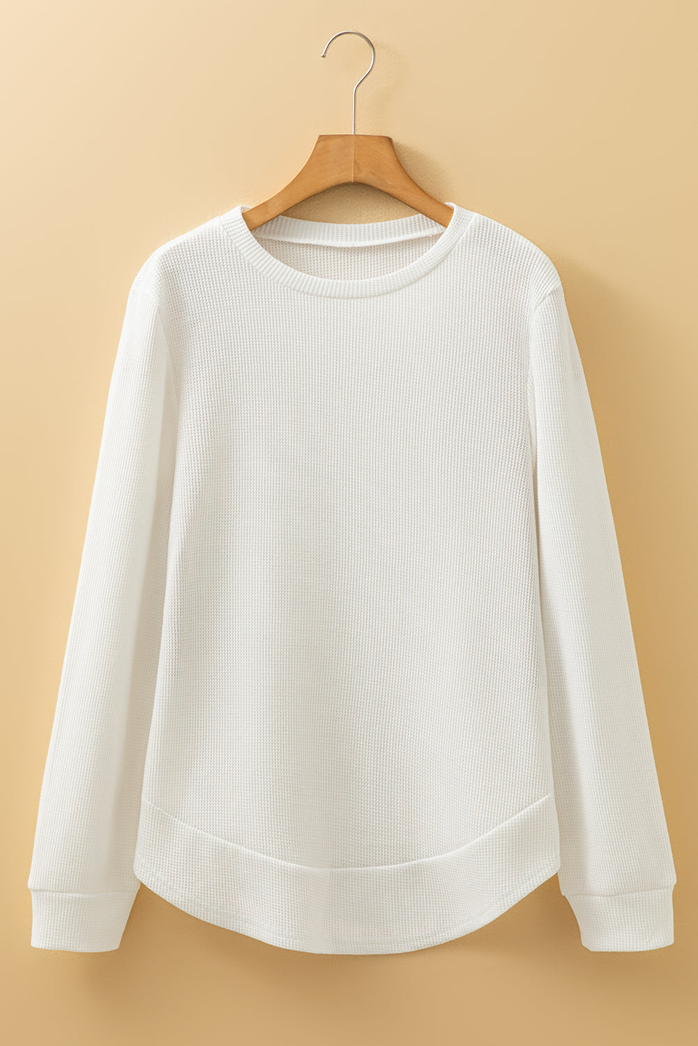 White Waffle Long Sleeve Top | Rounded Hem Classic Tee