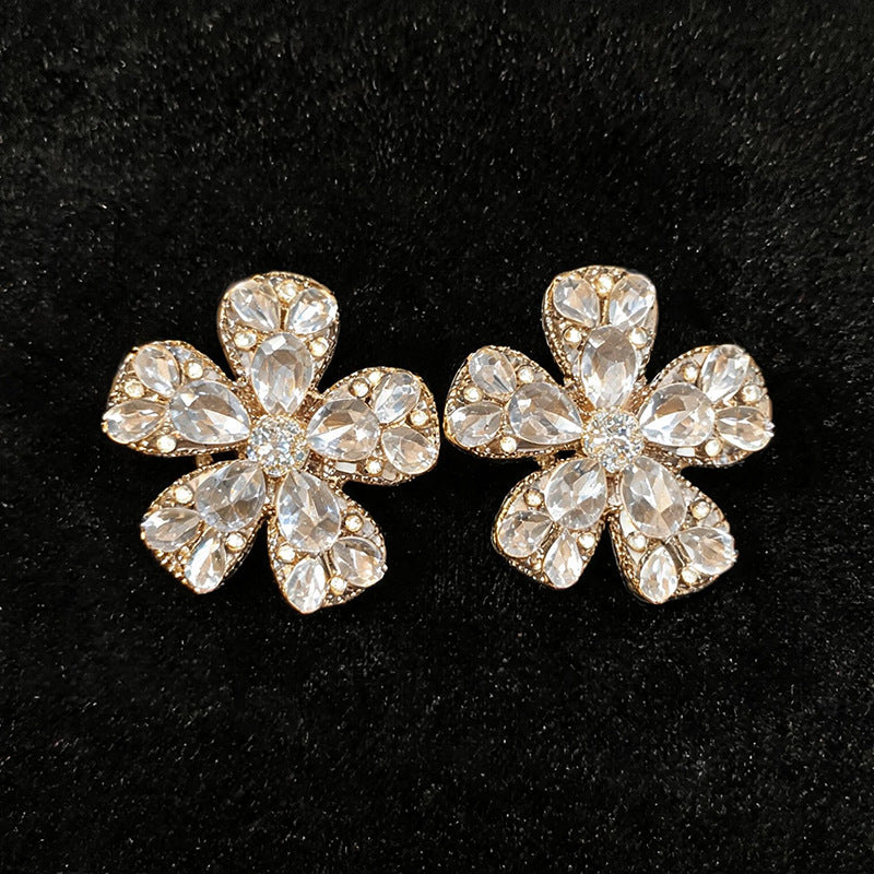 Womens Exaggerated Large Flower Rhinestone Stud Earrings,Heavy Craft Style Light Luxury Party Fashion Earrings