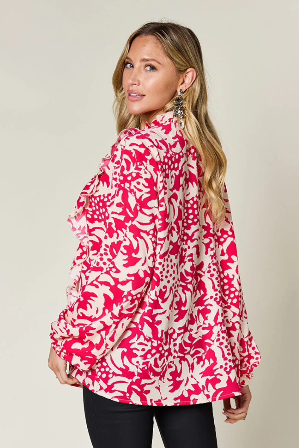 Printed Ruffle Trim Balloon Sleeve Shirt | Buttoned Blouse