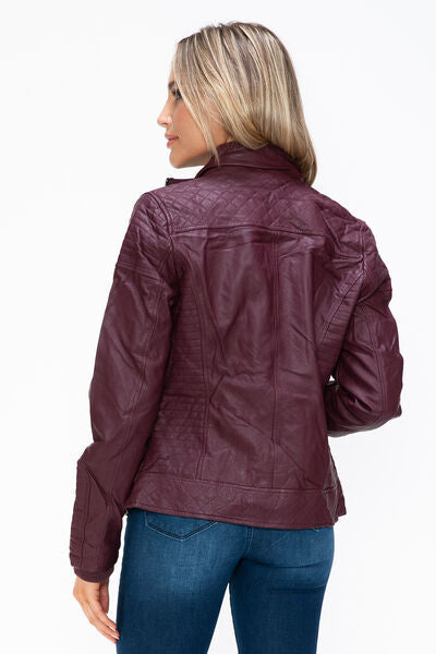 Dual-Zipper Layered Jacket with Fuzzy Hood in Burgundy and Grey