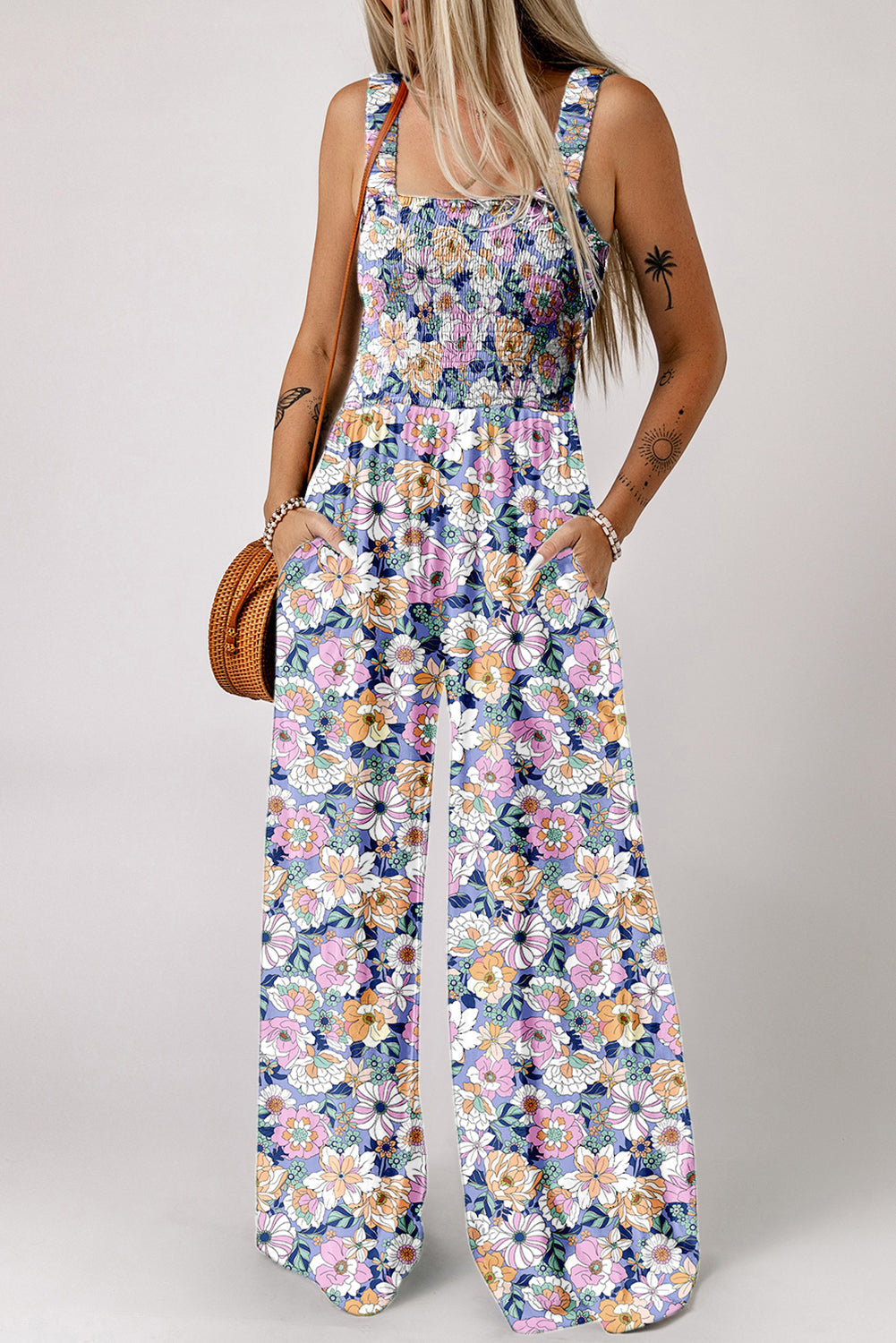 Green Floral Square Neckline High Waist Stretch Jumpsuit