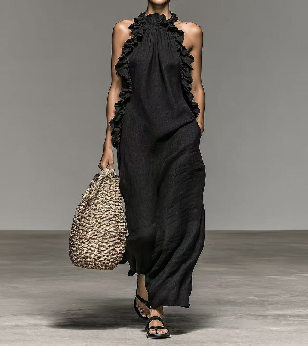 Black Halter Neck Ruffled Sleeveless Maxi Dress with Pockets - Image 2