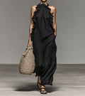 Black Halter Neck Ruffled Sleeveless Maxi Dress with Pockets - Image 2