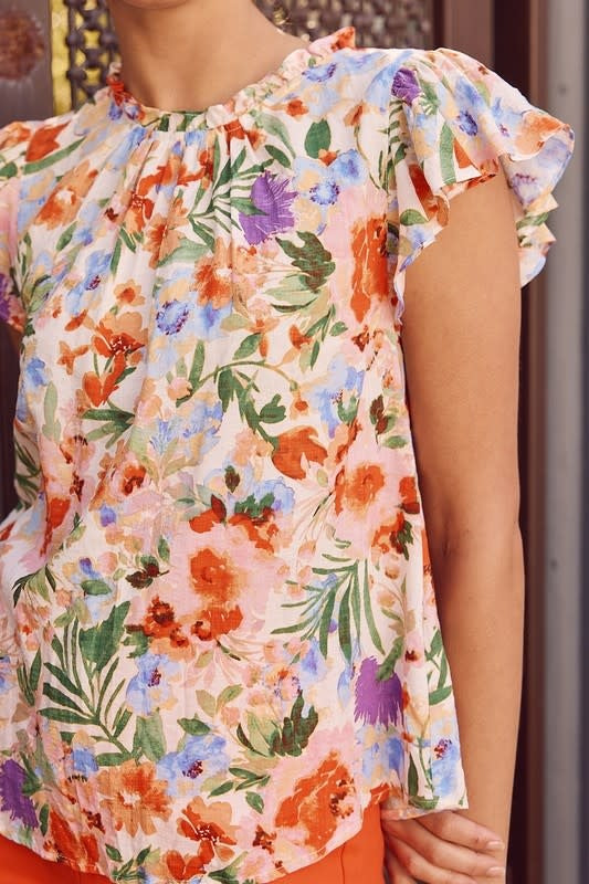 Flutter Sleeve Floral Print Blouse in Red with Ruffled Detailing
