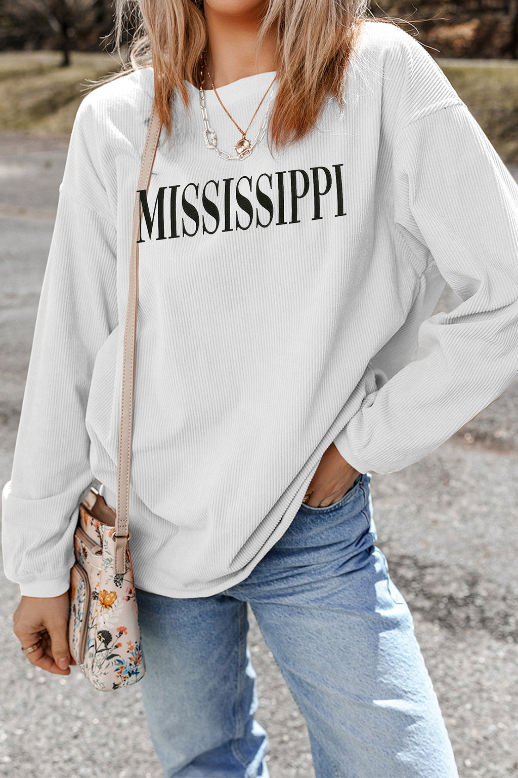 White Raised Rib Mississippi Baggy Sweatshirt | Oversized Pullover