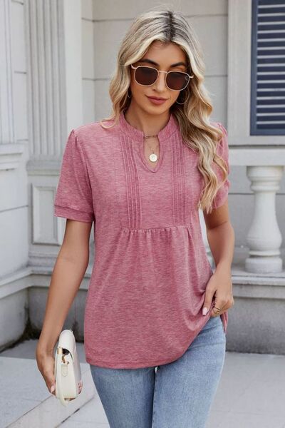 Women's Solid Color Notched Neck Short Sleeve Casual Blouse - Image 4
