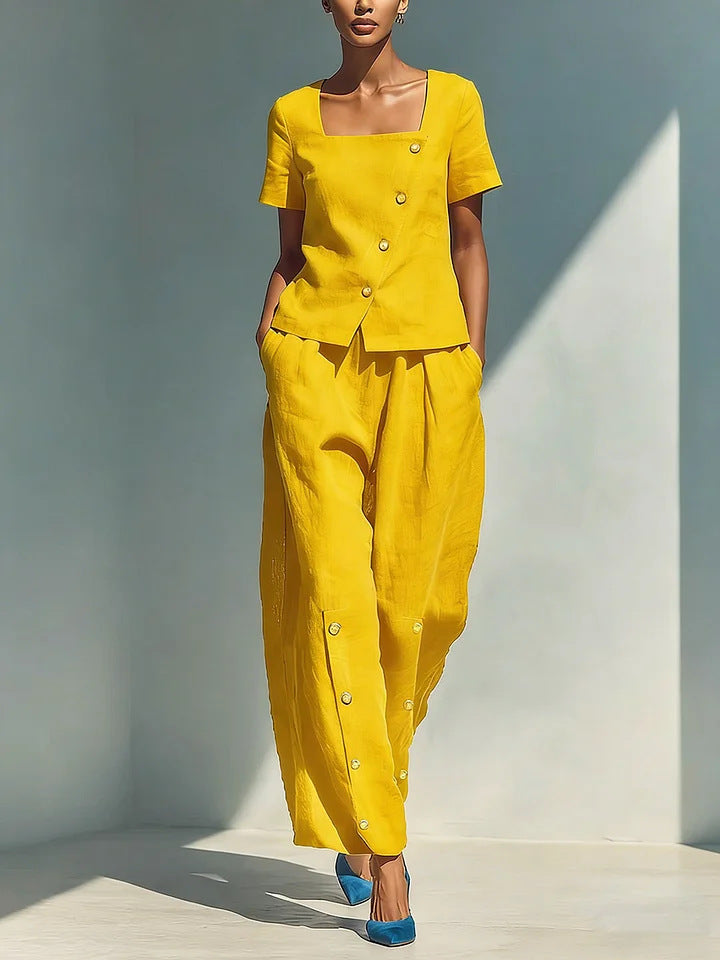 Women's Short Sleeve Square Neck Top and Buttoned Pant Set - Image 10