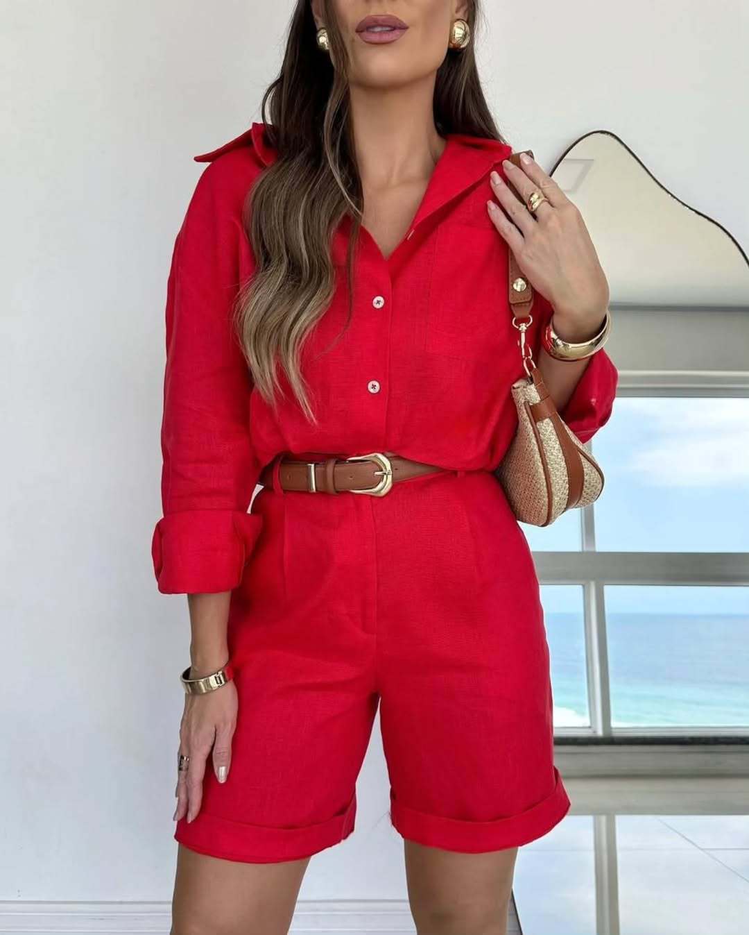 Women's Long-Sleeve Button-Down Shirt and Shorts Set