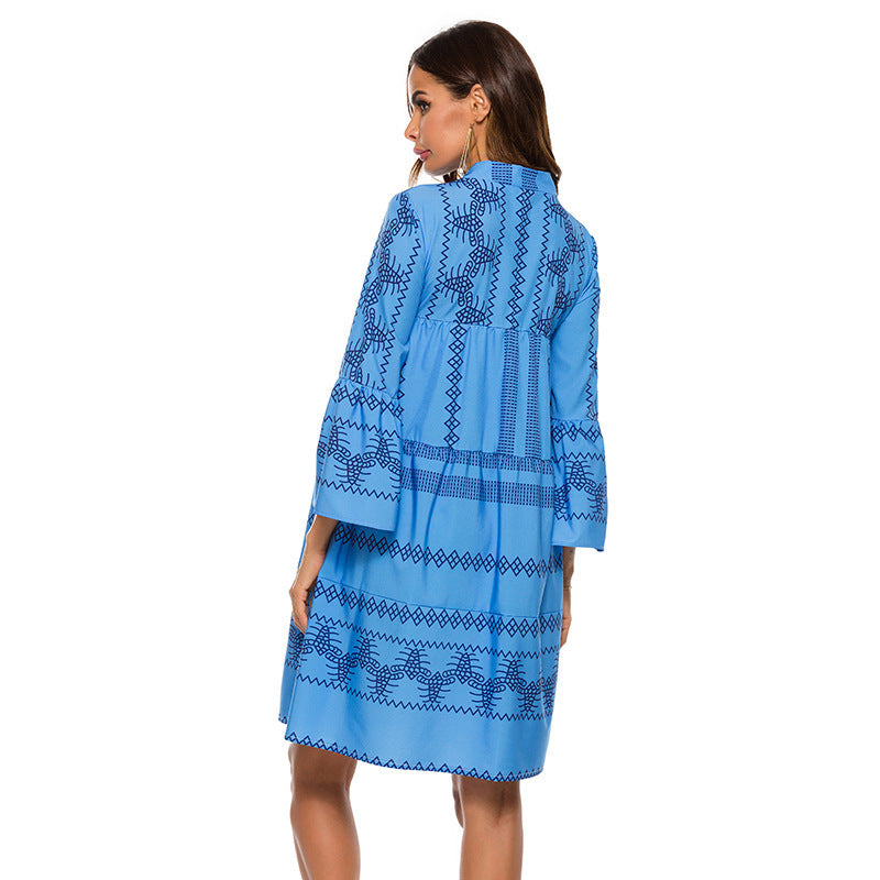 Bohemian Geometric Print Flare Sleeve Mid Dress