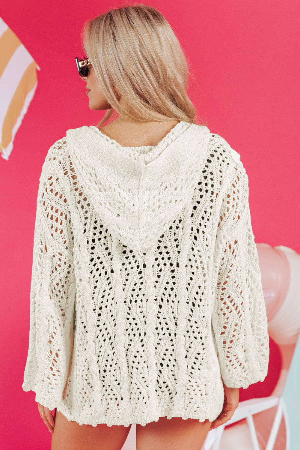 White Open Knit Hooded Beach Cover Up Women's Lightweight Layer
