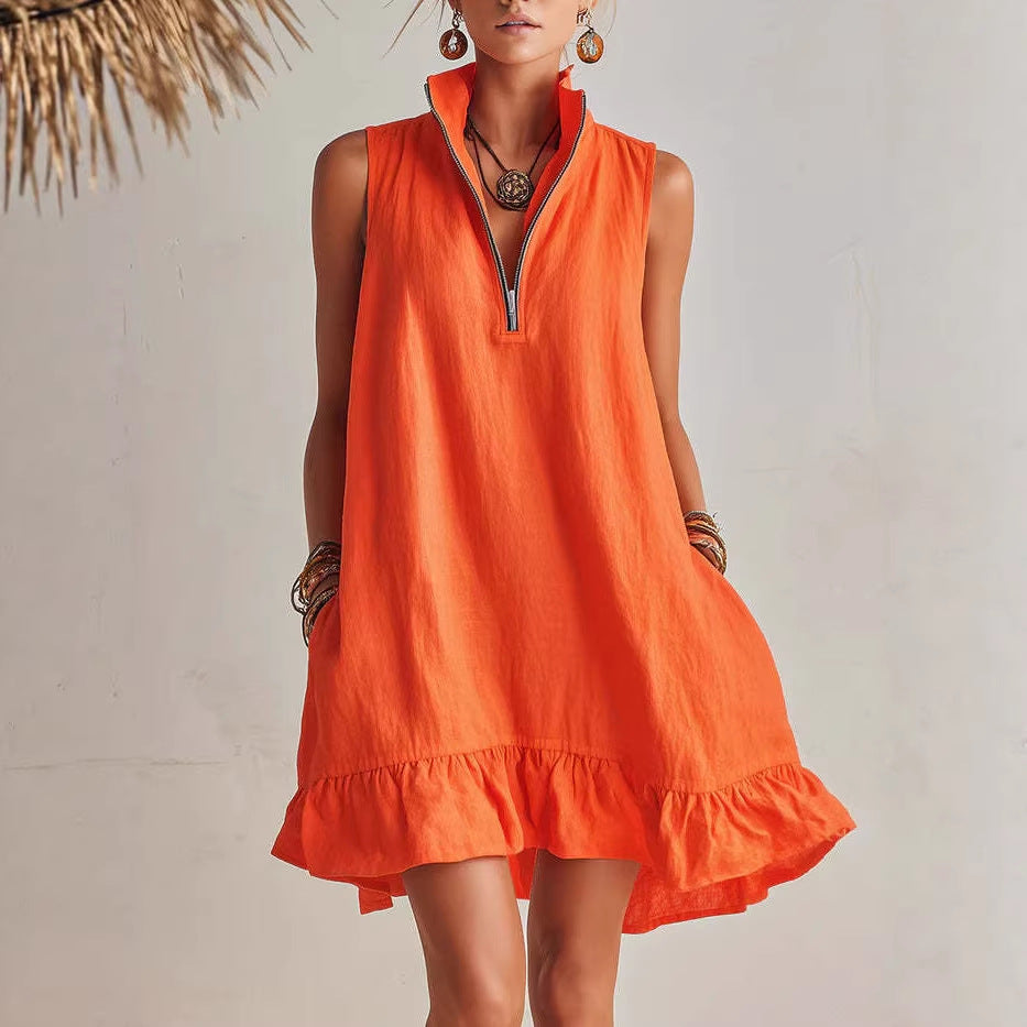 Women's Casual Sleeveless Half-Zip Mini Dress with Ruffle Hem - Image 4