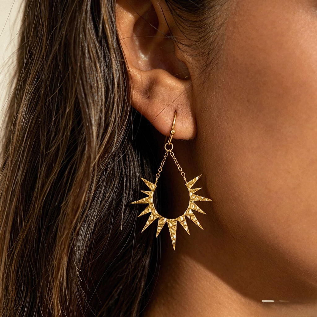 Stainless Steel Hammered-Surface Sun Tassel Earrings