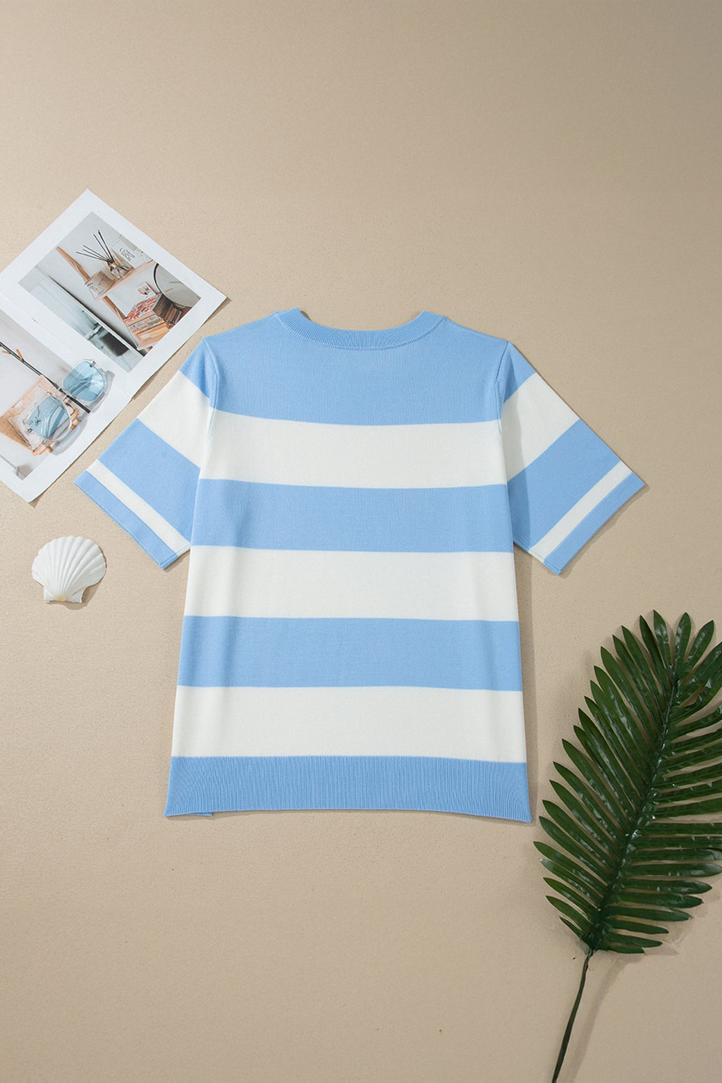 Stripe Colorblock Short Sleeve Tunic Sweater in Blue and White