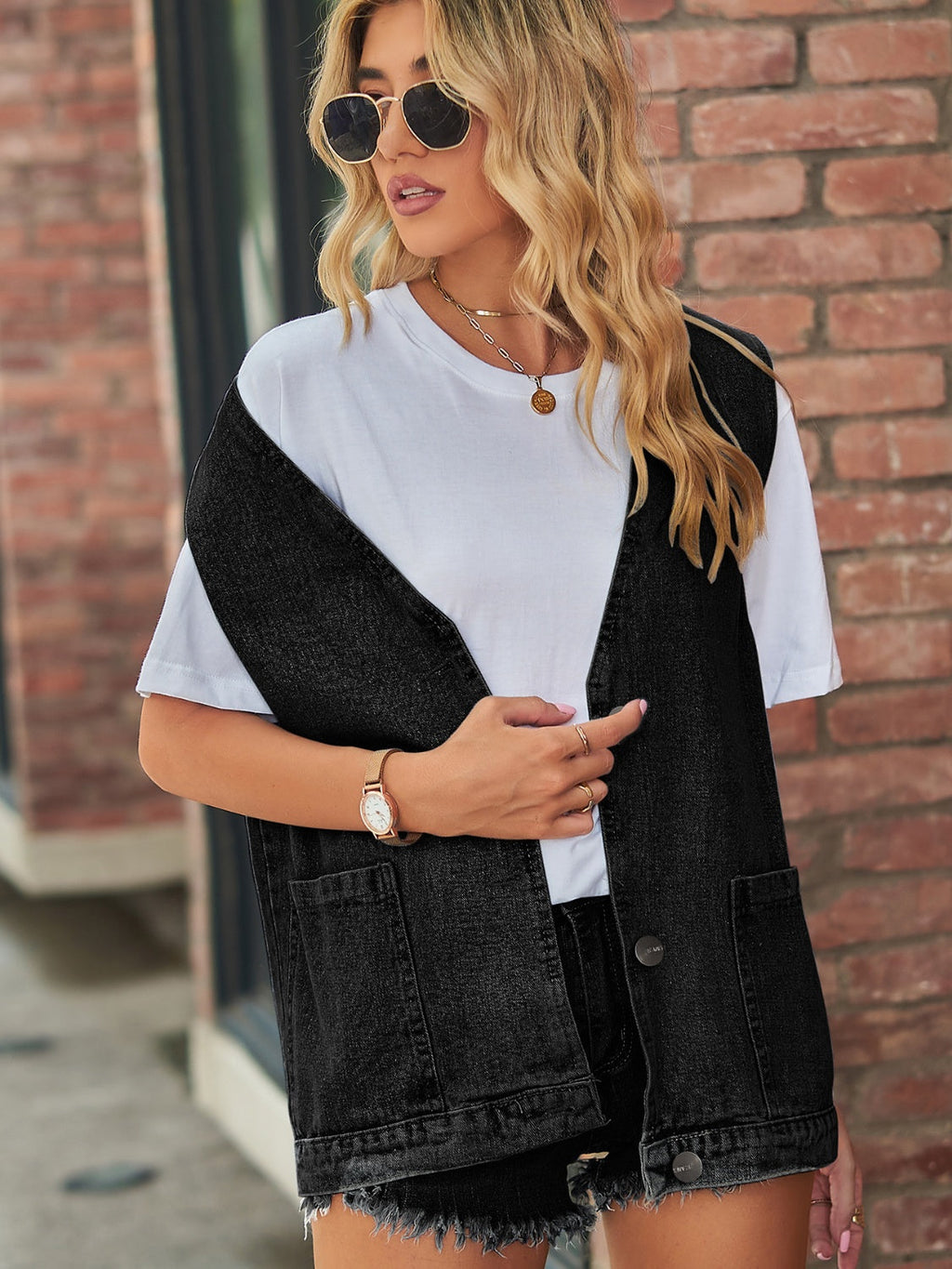 V-Neck Button Up Denim Vest | Rayon Blend