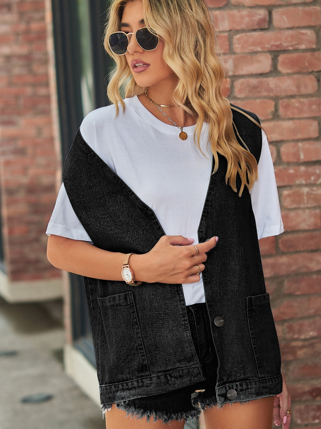 V-Neck Button Up Denim Vest | Rayon Blend