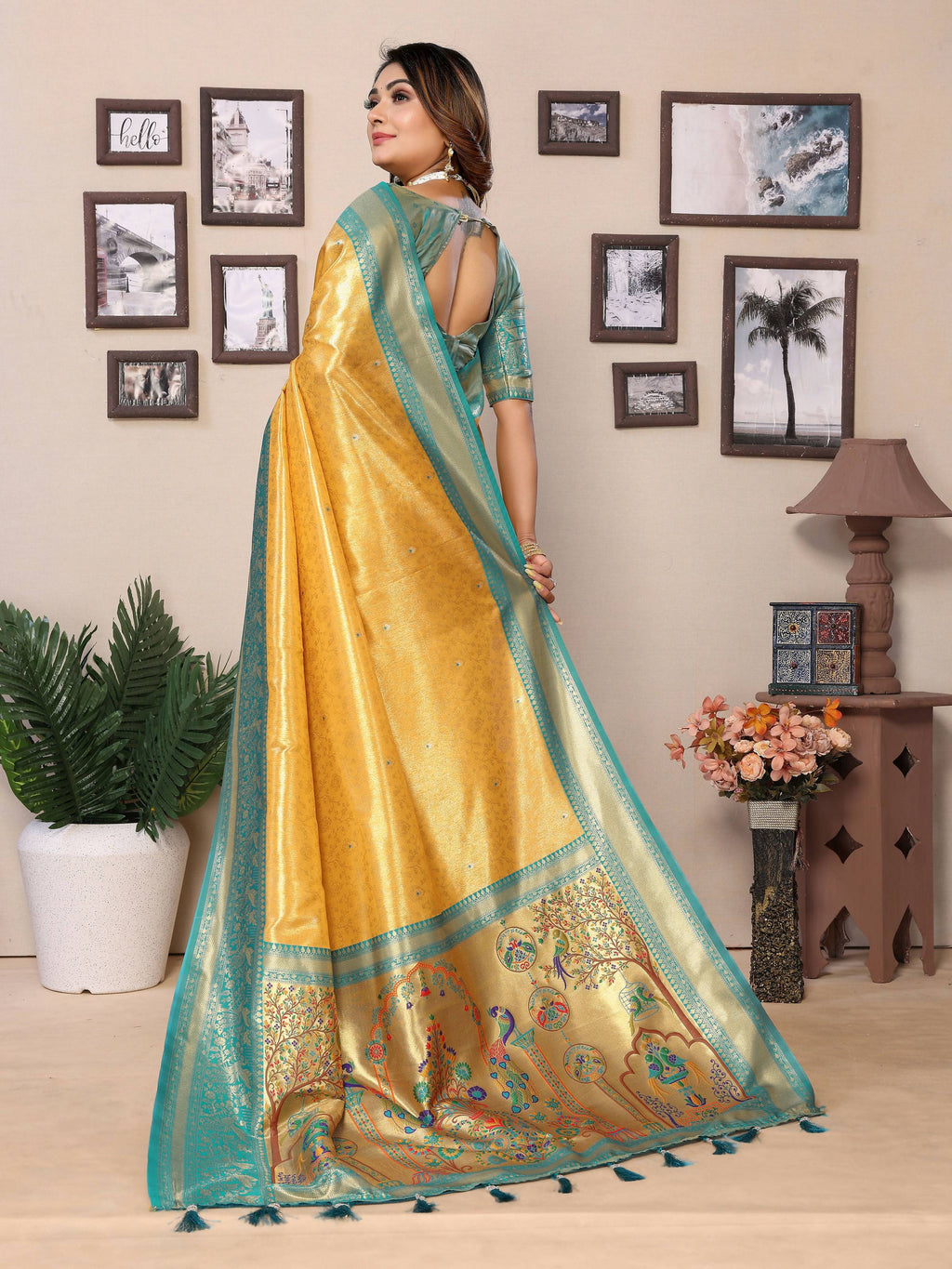 Yellow Tissue Silk Saree with Radiant Traditional Weaving