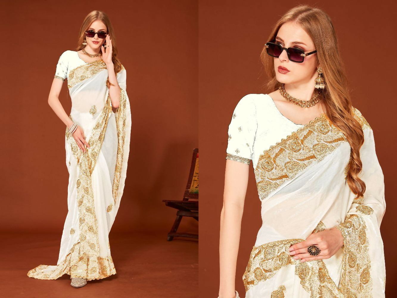 White Fendi Two Tone Silk Saree with heavy Zari and Zircon work