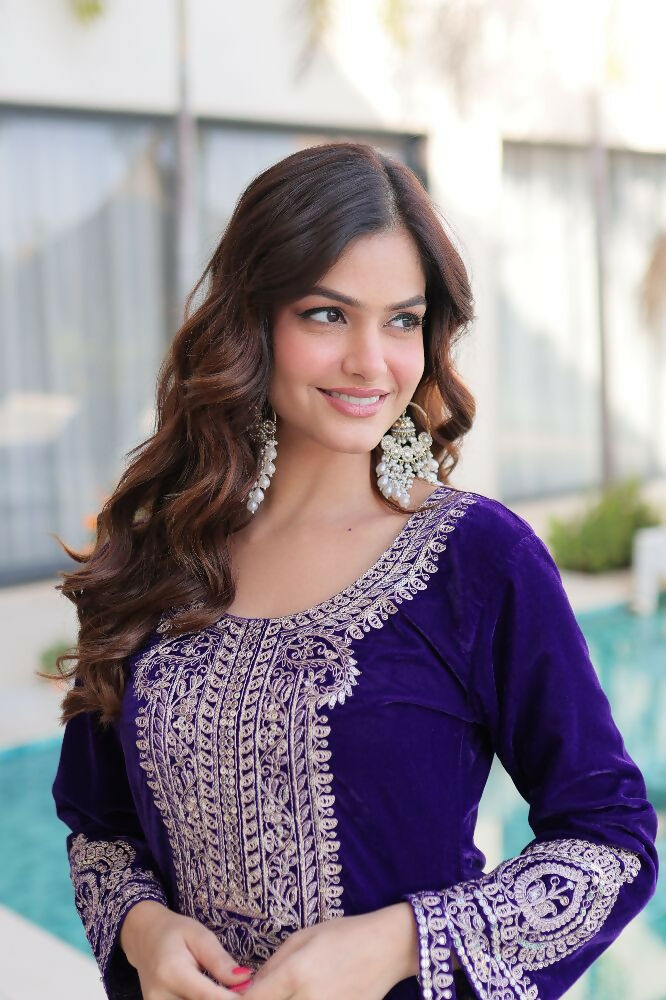 Purple Velvet Kurta Set with Zari, Sequins & Thread Embroidery