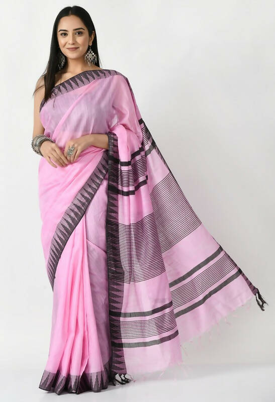 Baby Pink Bhagalpuri Handloom Silk Saree with black temple border and unstitched blouse piece