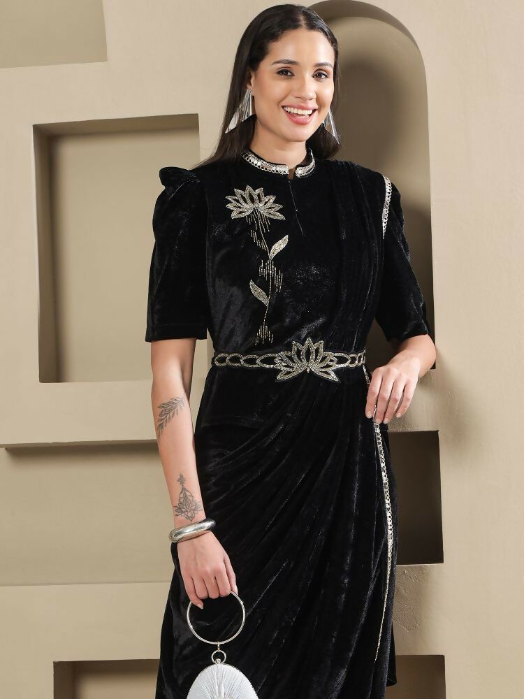 Black Velvet Hand Embellished Long Kurta Set