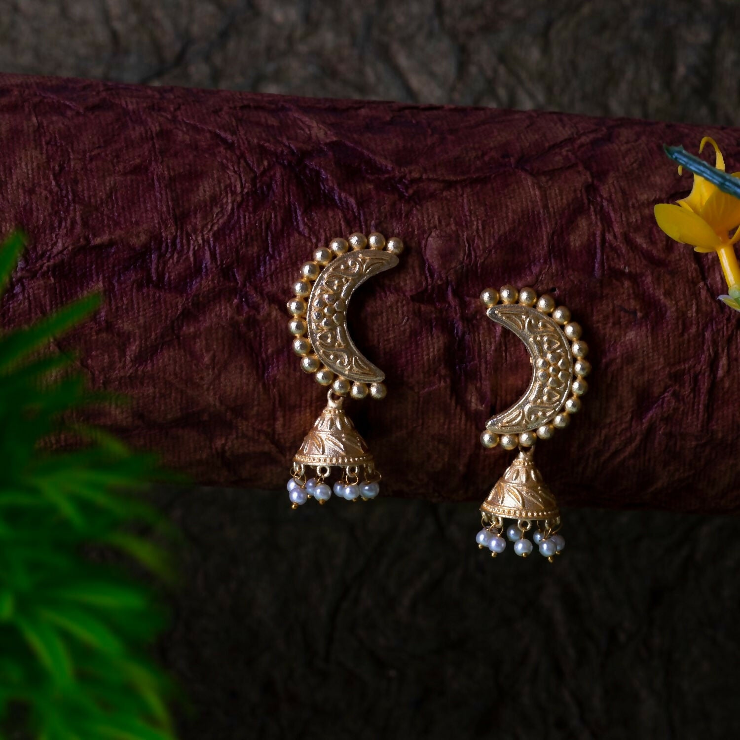 Matte Gold Brass Drop Earrings with Intricate Handcrafted Detailing