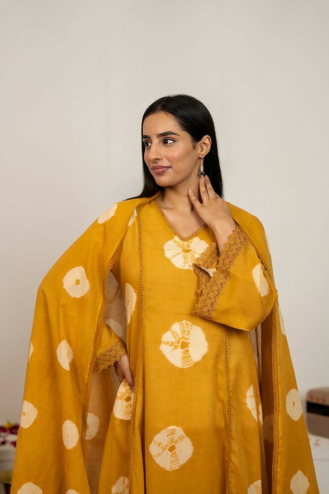Mustard Yellow Tie & Dye Cotton Suit Set for Women