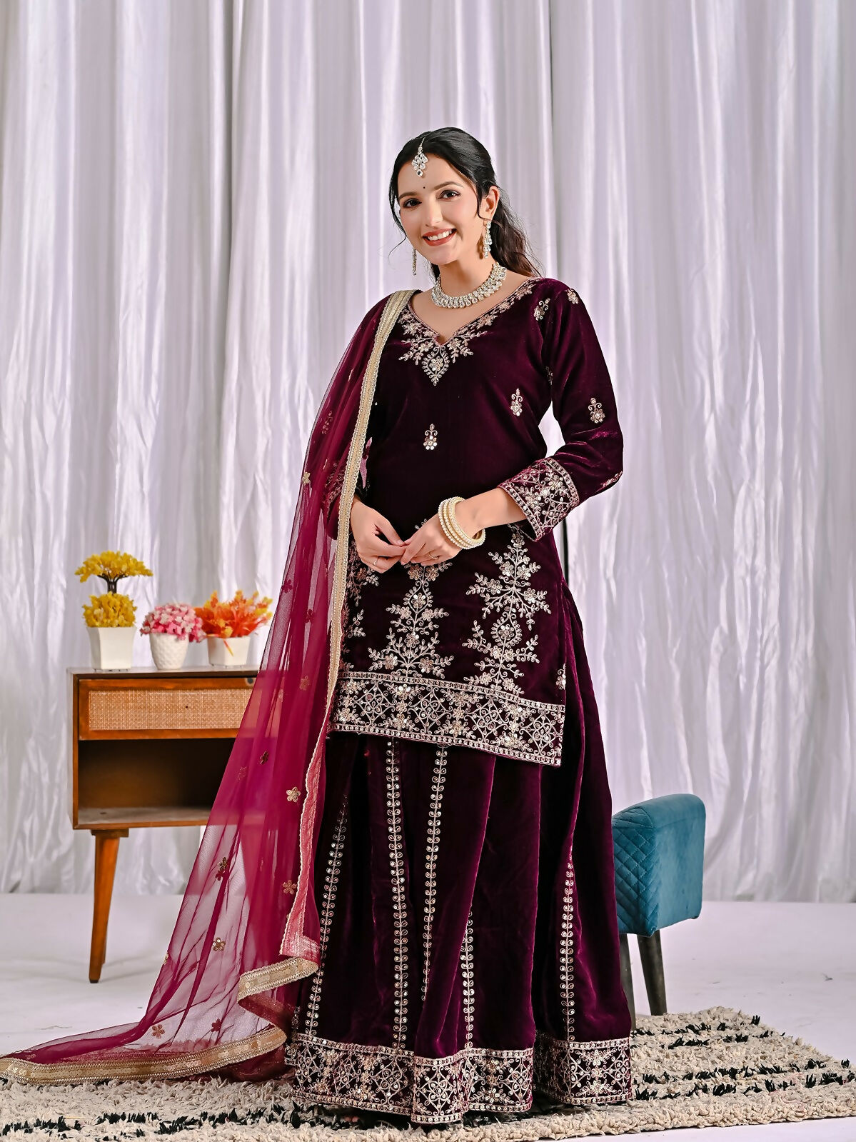 Wine Velvet Kurta Set with Intricate Sequence Embroidery