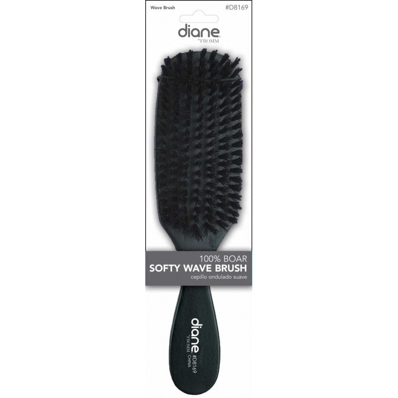 Diane 100% boar bristle soft wave brush with a black wood handle and 7 rows of bristles.