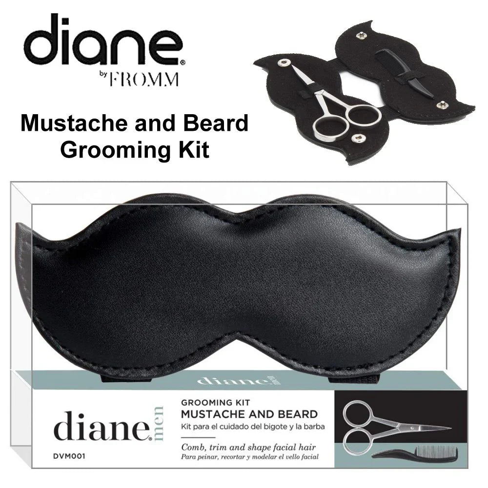 N.o.s. Barber Supply grooming kit in black and silver with mustache-shaped case, comb, and scissors.
