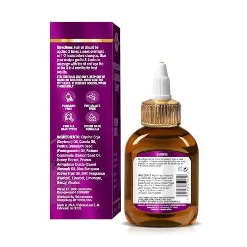 Difeel Pomegranate & Manuka Honey Premium Hair Oil bottle in amber and purple packaging
