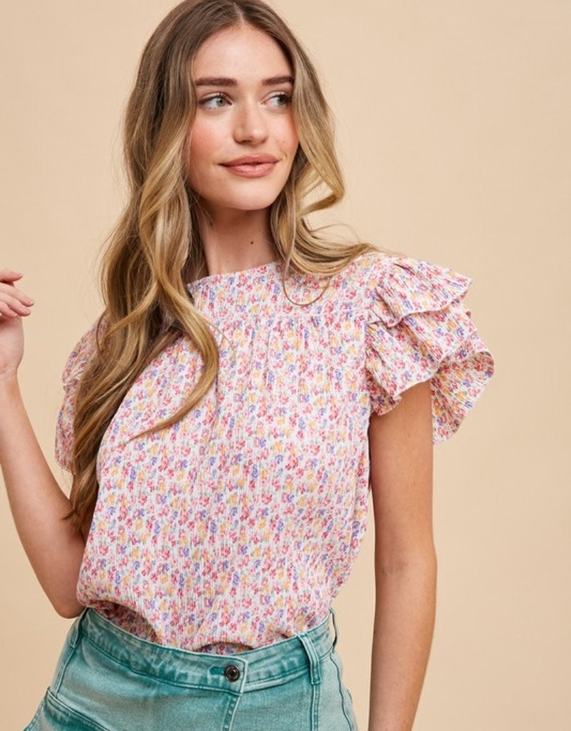 Ditsy Flower Printed Pleats Blouse in Ivory Multi with double ruffle sleeves and back keyhole detail