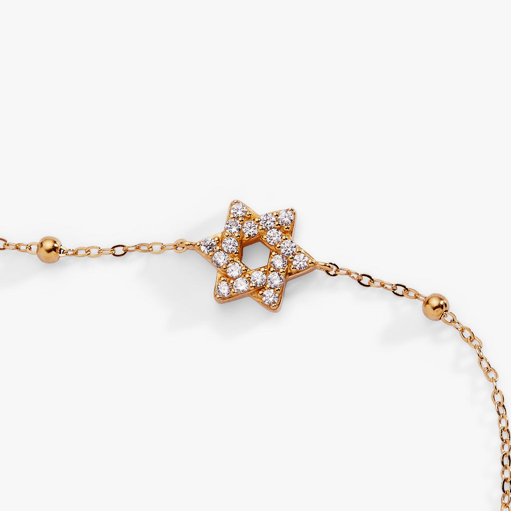 Star of David Pave Beaded Chain Bracelet - Delicate Gold Tone
