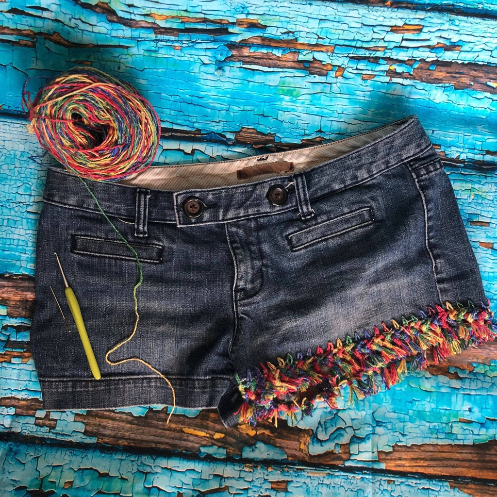 DIY Upcycled Fringe Jean Short Kit with Crochet Pattern and Yarn